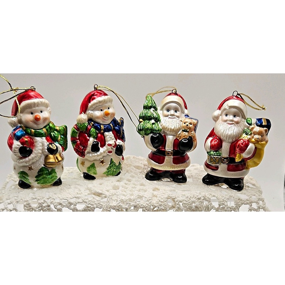 Ceramic Christmas Hanging Decorative Ornaments Set of 4 Santa Claus & Snowman